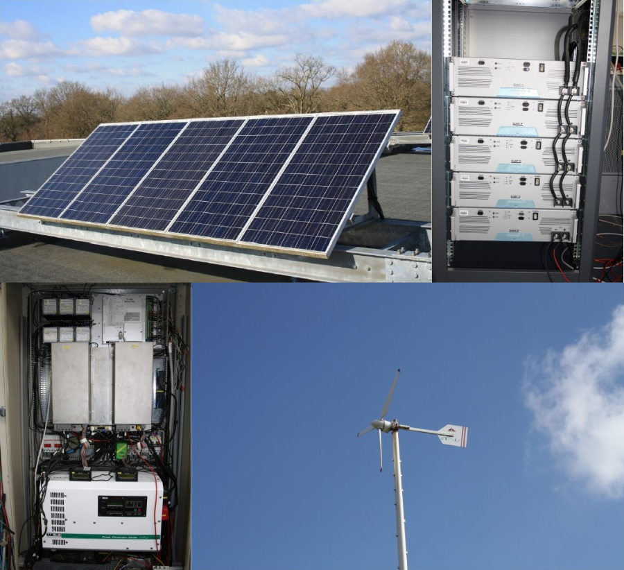 Plateforme de génération d’énergie renouvelable. Panneaux photovoltaïques, batteries Li-ion, onduleurs et hacheurs MPTT, éoliennes.